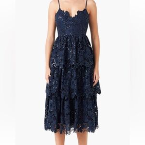 Endless Rose Floral Lace Tiered Sequin Midi Dress Navy Blue size Small $250